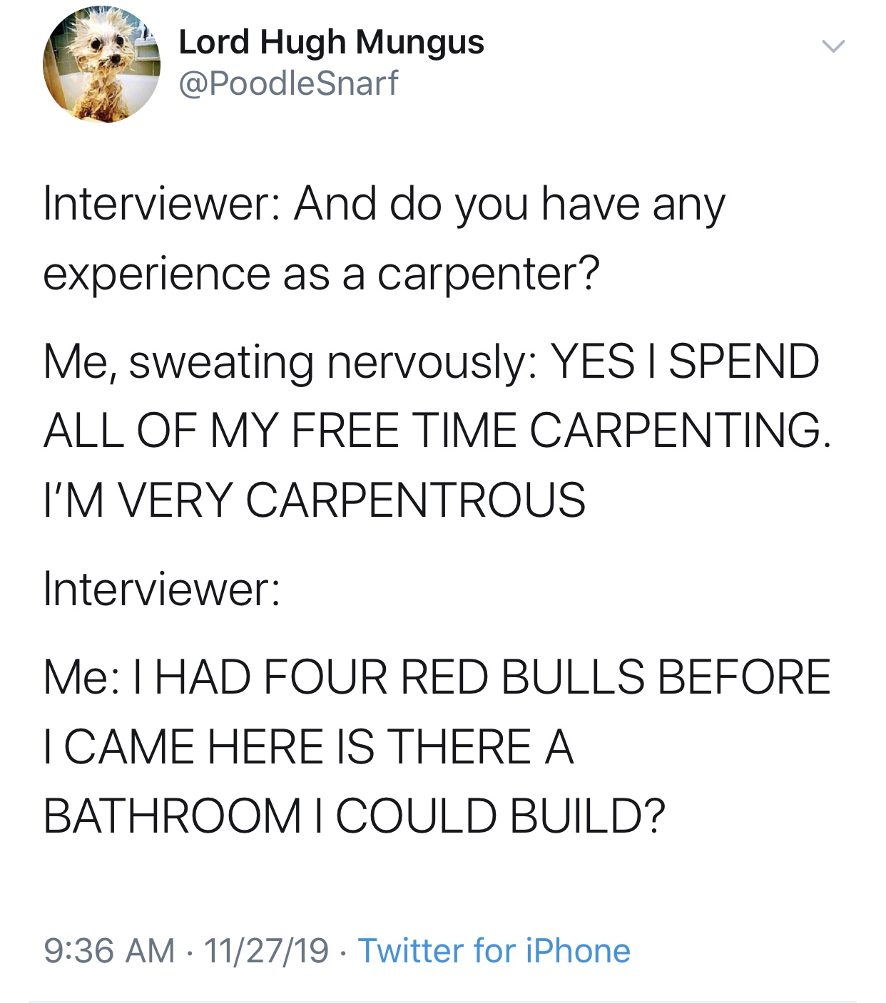 angle - Lord Hugh Mungus Interviewer And do you have any experience as a carpenter? Me, sweating nervously Yes I Spend All Of My Free Time Carpenting. I'M Very Carpentrous Interviewer Me I Had Four Red Bulls Before I Came Here Is There A. Bathroom I Could
