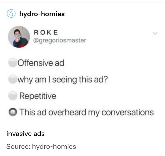 document - 0 hydrohomies Roke Offensive ad why am I seeing this ad? Repetitive This ad overheard my conversations invasive ads Source hydrohomies