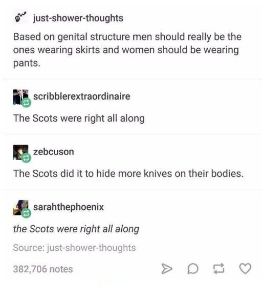 document - on justshowerthoughts Based on genital structure men should really be the ones wearing skirts and women should be wearing pants. scribblerextraordinaire The Scots were right all along zebcuson The Scots did it to hide more knives on their bodie