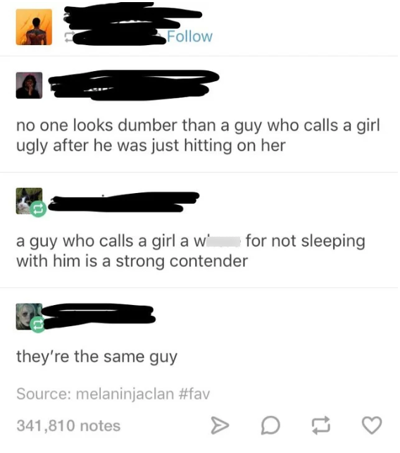 angle - no one looks dumber than a guy who calls a girl ugly after he was just hitting on her a guy who calls a girl a w' for not sleeping with him is a strong contender they're the same guy Source melaninjaclan 341,810 notes > D