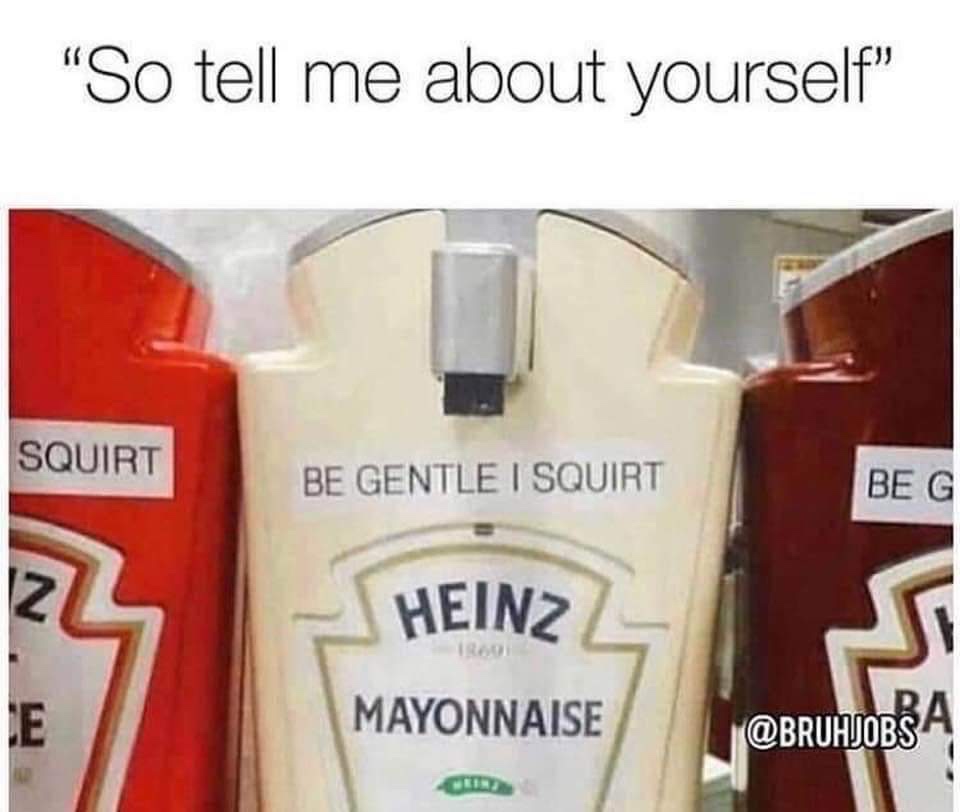 period diarrhea meme - "So tell me about yourself" Squirt Be Gentle I Squirt Be G Heinz Mayonnaise