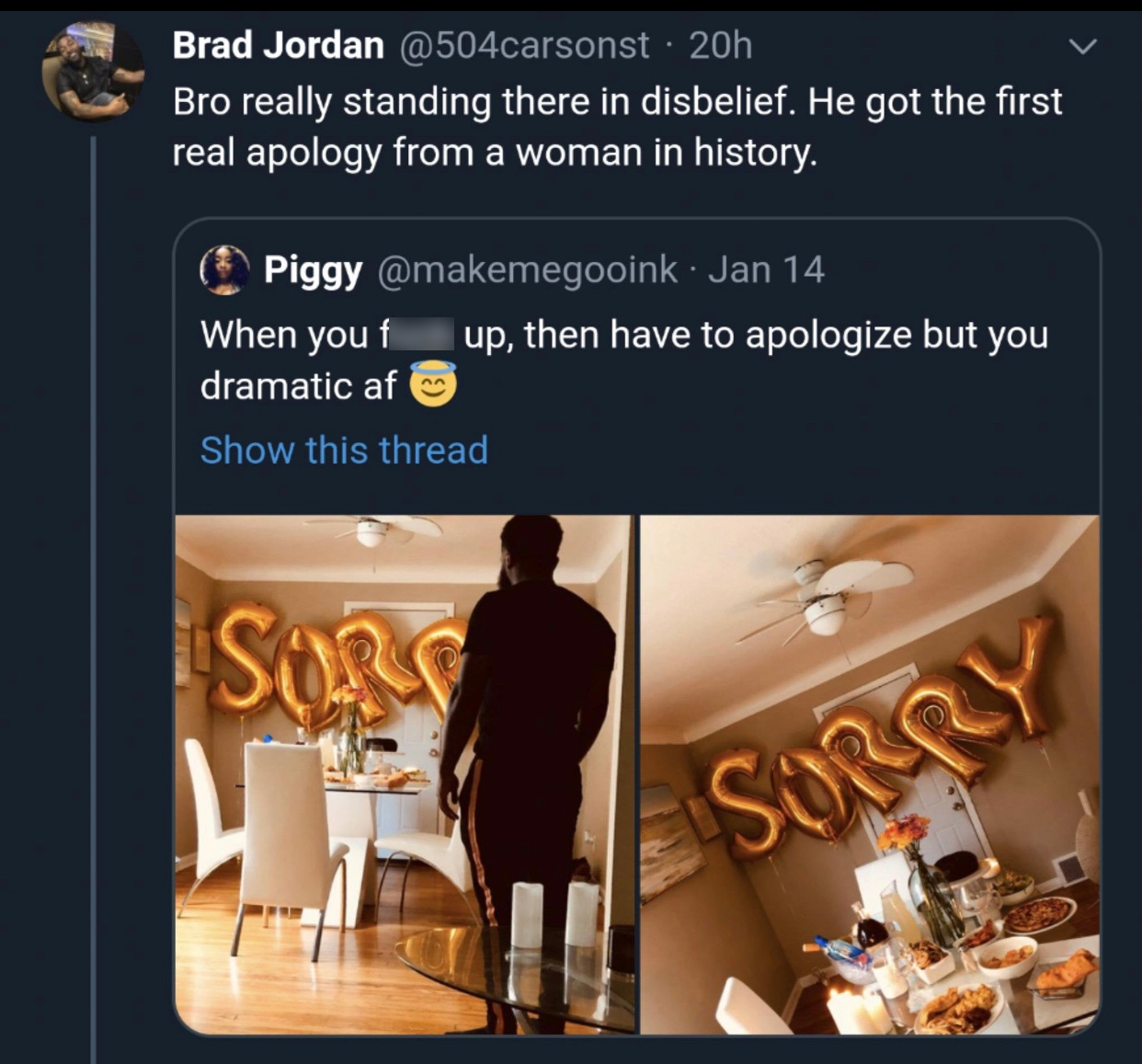 presentation - Brad Jordan 20h Bro really standing there in disbelief. He got the first real apology from a woman in history. Piggy Jan 14 When you f up, then have to apologize but you dramatic af Show this thread Sorg