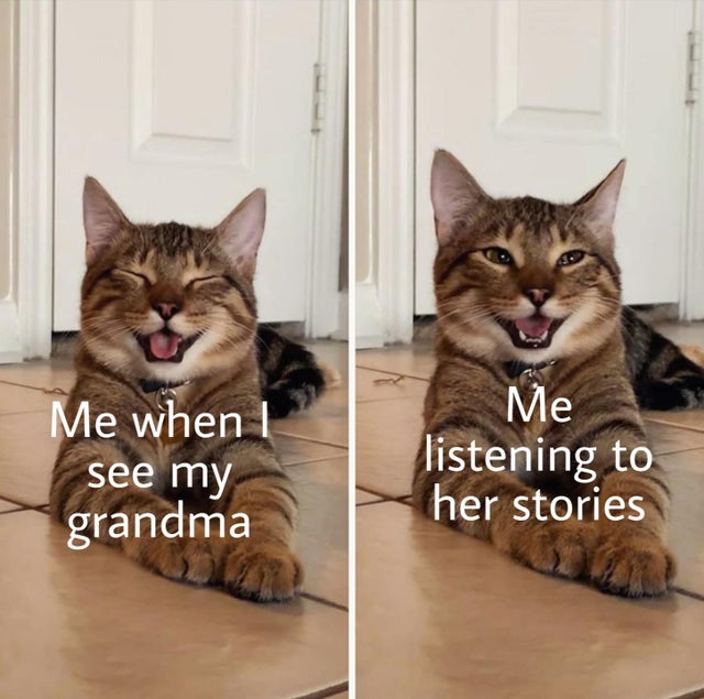 Humour - Me when see my grandma Me listening to her stories