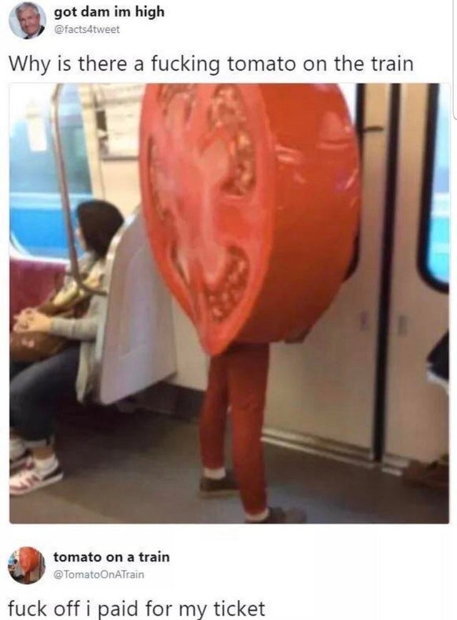 tomato on a train - got dam im high Why is there a fucking tomato on the train tomato on a train OnATrain tomato on a train fuck off i paid for my ticket