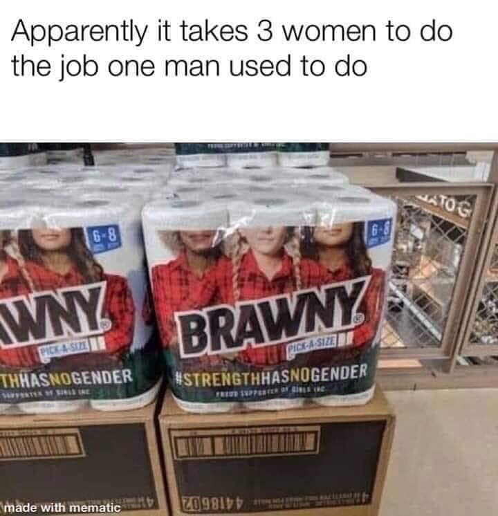 brawny paper towels meme - Apparently it takes 3 women to do the job one man used to do Toc 68 Wny Brawny Na Pigelse Piolasize Thhasnogender Ustrengthhasnogender as Tot 1731 made with mematic IZO981
