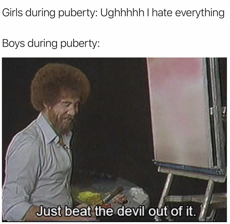 girls vs boys puberty meme - Girls during puberty Ughhhhh I hate everything Boys during puberty Just beat the devil out of it.
