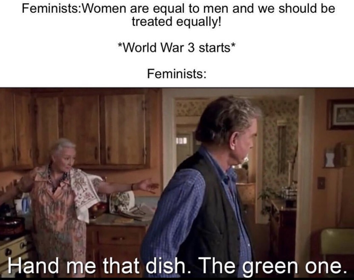 father quotes - FeministsWomen are equal to men and we should be treated equally! World War 3 starts Feminists Hand me that dish. The green one.