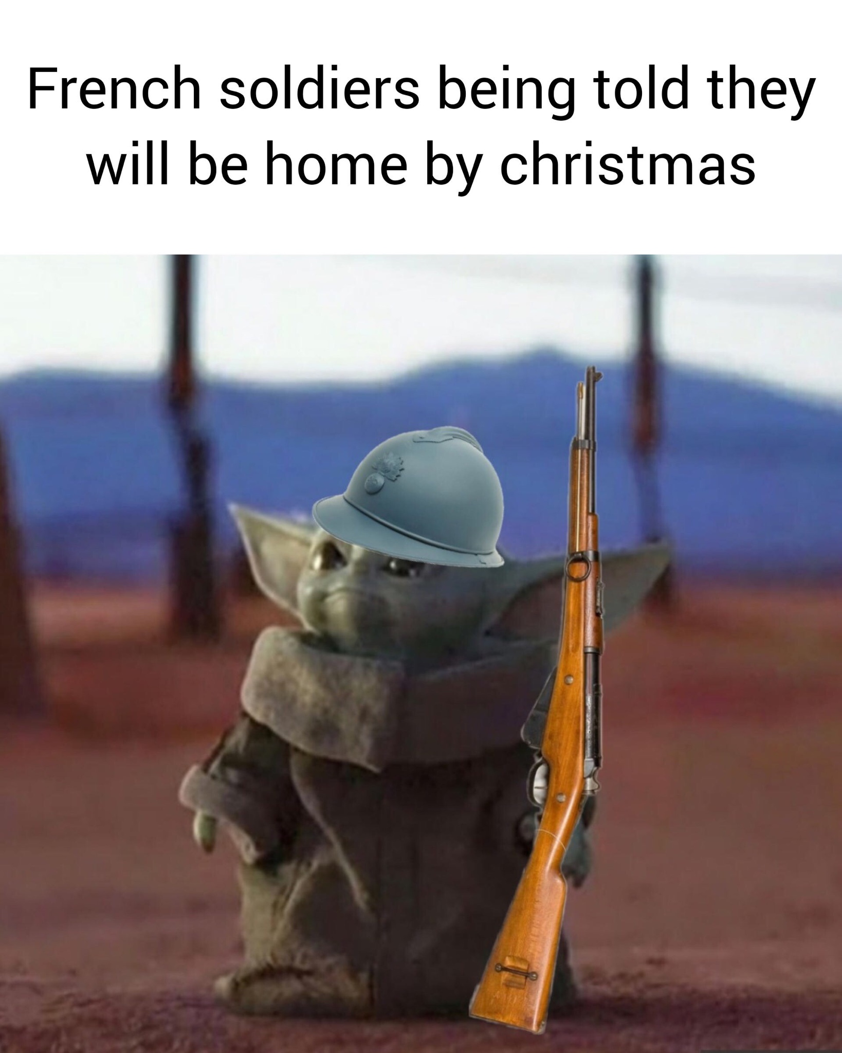 baby yoda coffee meme - French soldiers being told they will be home by christmas