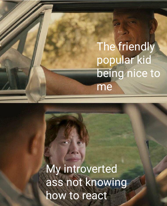 fast and the furious harry potter meme - The friendly popular kid being nice to me My introverted ass not knowing how to react