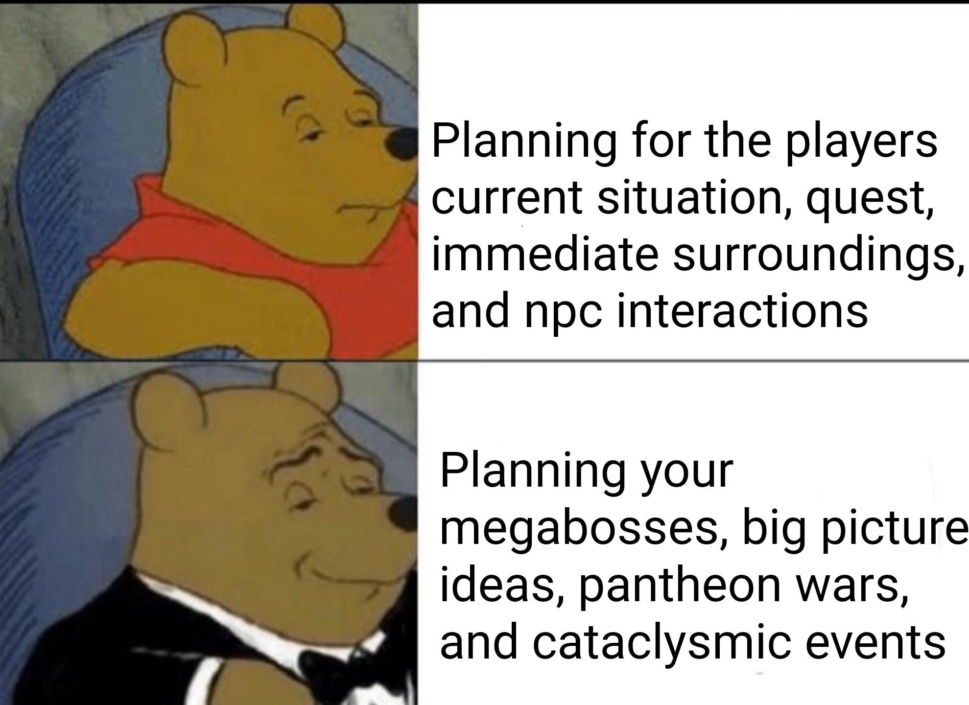 winnie the pooh memes fancy - Planning for the players current situation, quest, immediate surroundings, and npc interactions Planning your megabosses, big picture ideas, pantheon wars, and cataclysmic events