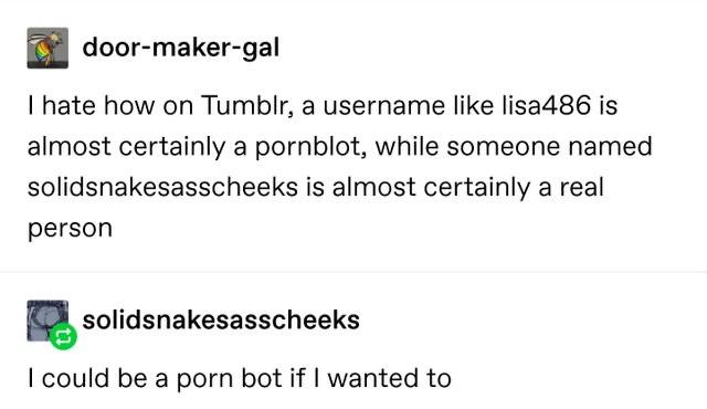 document - doormakergal I hate how on Tumblr, a username lisa486 is almost certainly a pornblot, while someone named solidsnakesasscheeks is almost certainly a real person solidsnakesasscheeks I could be a porn bot if I wanted to