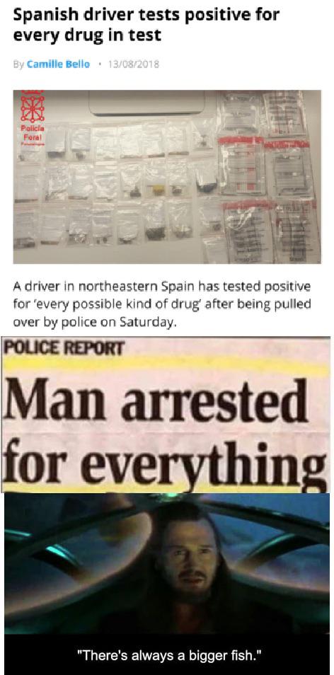 newspaper - Spanish driver tests positive for every drug in test By Camille Bello. 13082018 Policia Foral A driver in northeastern Spain has tested positive for 'every possible kind of drug' after being pulled over by police on Saturday. Police Report Man