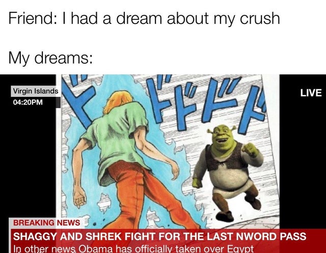 shrek 2 - Friend I had a dream about my crush My dreams Virgin Islands Pm Live w Breaking News Shaggy And Shrek Fight For The Last Nword Pass In other news Obama has officially taken over Egypt