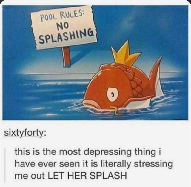 magikarp meme - Pool Rules No Splashing sixtyforty this is the most depressing thing i have ever seen it is literally stressing me out Let Her Splash