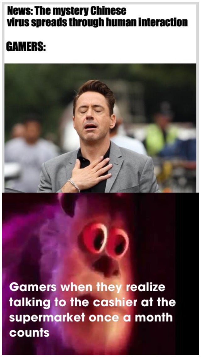 meme robert downey jr - News The mystery Chinese virus spreads through human interaction Gamers Gamers when they realize talking to the cashier at the supermarket once a month counts