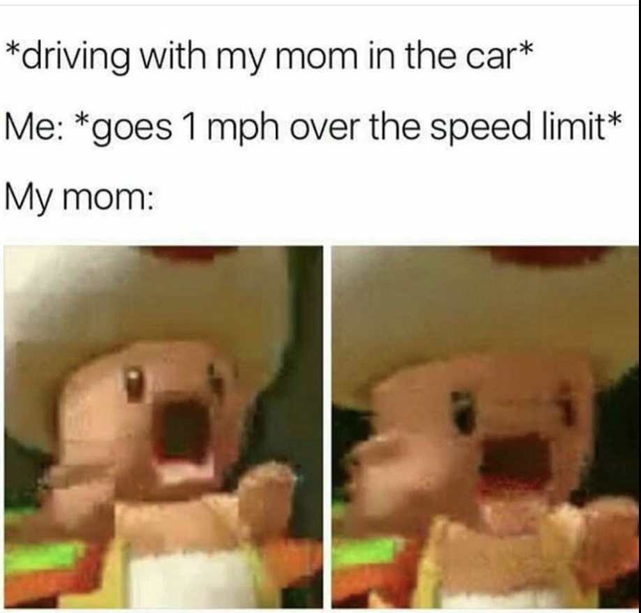 end my suffering - driving with my mom in the car Me goes 1 mph over the speed limit My mom