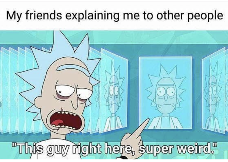 rick and morty meme - My friends explaining me to other people "This guy right here, super weird."