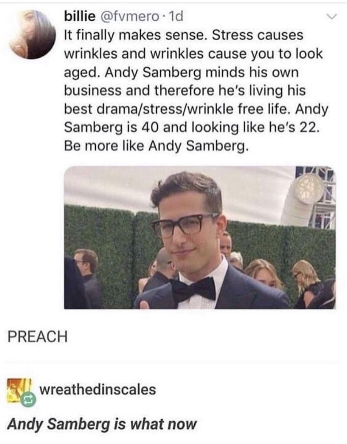 andy samberg age meme - billie . 1d It finally makes sense. Stress causes wrinkles and wrinkles cause you to look aged. Andy Samberg minds his own business and therefore he's living his best dramastresswrinkle free life. Andy Samberg is 40 and looking he'