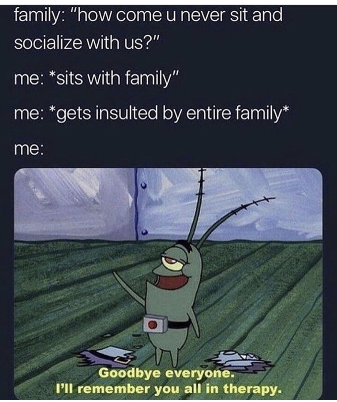 ll see you all in therapy meme - family "how come u never sit and socialize with us?" me sits with family" me gets insulted by entire family me Goodbye everyone. I'll remember you all in therapy.