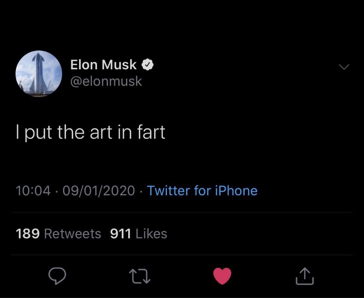 atmosphere - Elon Musk Tput the art in fart . 09012020 Twitter for iPhone 189 911