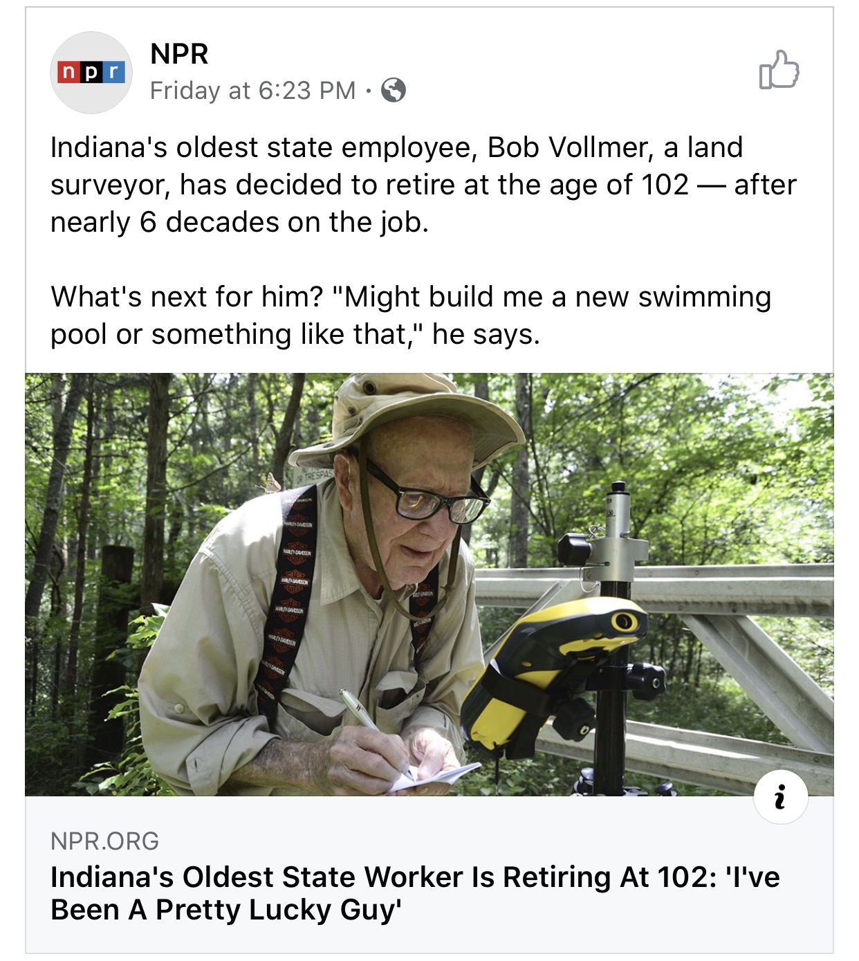 npr: music - Npr Friday at Indiana's oldest state employee, Bob Vollmer, a land surveyor, has decided to retire at the age of 102after nearly 6 decades on the job. What's next for him? "Might build me a new swimming pool or something that," he says. Npr.O