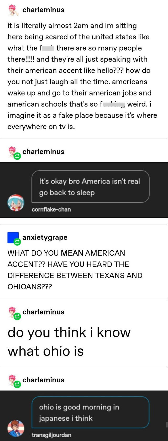 screenshot - charleminus it is literally almost 2am and im sitting here being scared of the united states what the f there are so many people there!!!!! and they're all just speaking with their american accent hello??? how do you not just laugh all the ti