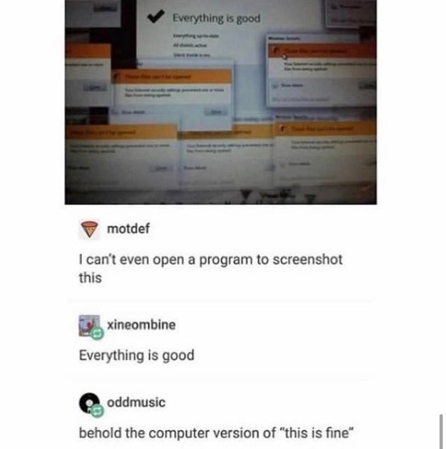 everything is good computer meme - Everything is good motdef I can't even open a program to screenshot this xineombine Everything is good oddmusic behold the computer version of "this is fine"