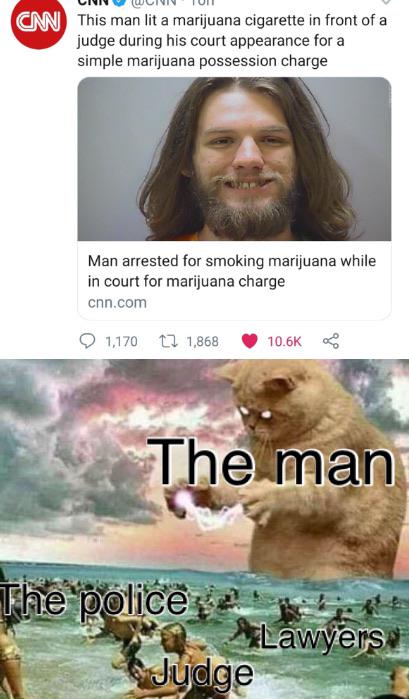 giant lightning cat meme - Cnn Vii 10 | | | This man lit a marijuana cigarette in front of a judge during his court appearance for a simple marijuana possession charge Man arrested for smoking marijuana while in court for marijuana charge cnn.com 1,170 12