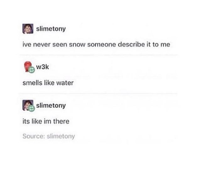 document - slimetony ive never seen snow someone describe it to me w3k smells water slimetony its im there Source slimetony
