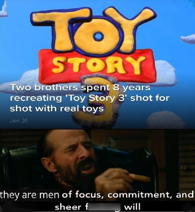 photo caption - Tot Story Two brothers spent 8 years recreating 'Toy Story 3' shot for shot with real toys Jan 31 they are men of focus, commitment, and sheer f will