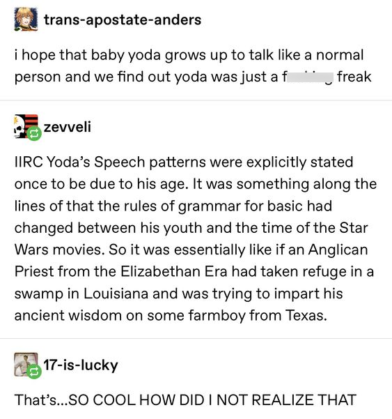ron swanson hogwarts - transapostateanders i hope that baby yoda grows up to talk a normal person and we find out yoda was just af " freak zevveli Iirc Yoda's Speech patterns were explicitly stated once to be due to his age. It was something along the lin