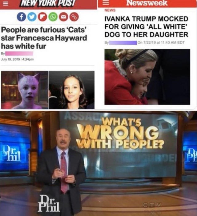 best anime memes - E New York Post Newsweek News Ivanka Trump Mocked For Giving 'All White Dog To Her Daughter On 722109 at Edt People are furious Cats' star Francesca Hayward has white fur 14 34pm Asswhat'S. Rong With People? Phil