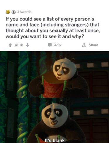 kung fu panda its blank meme template - 3 3 Awards If you could see a list of every person's name and face including strangers that thought about you sexually at least once, would you want to see it and why? 49 It's blank