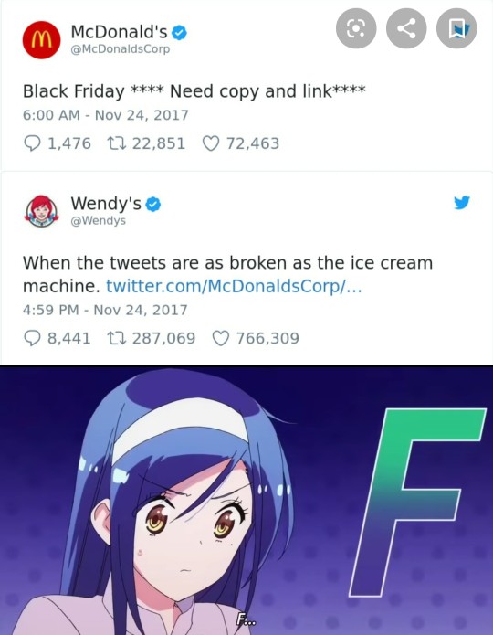 m. McDonald's Corp Black Friday Need copy and link 1,476 12 22,851 72,463 Wendy's When the tweets are as broken as the ice cream machine. twitter.comMcDonalds Corp... 98,441 17 287,069 766,309