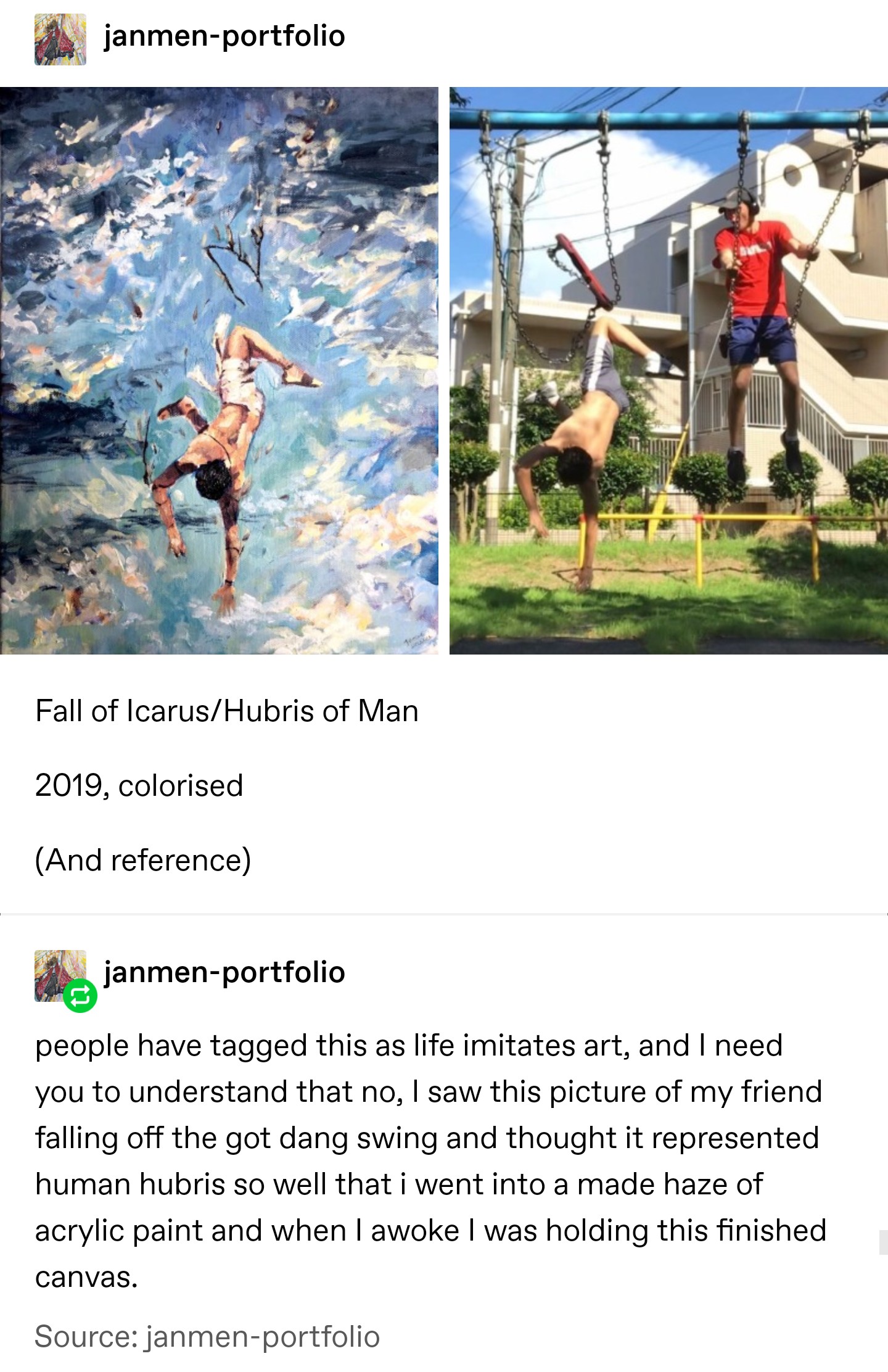 icarus life imitates art - janmenportfolio Fall of IcarusHubris of Man 2019, colorised And reference janmenportfolio people have tagged this as life imitates art, and I need you to understand that no, I saw this picture of my friend falling off the got da