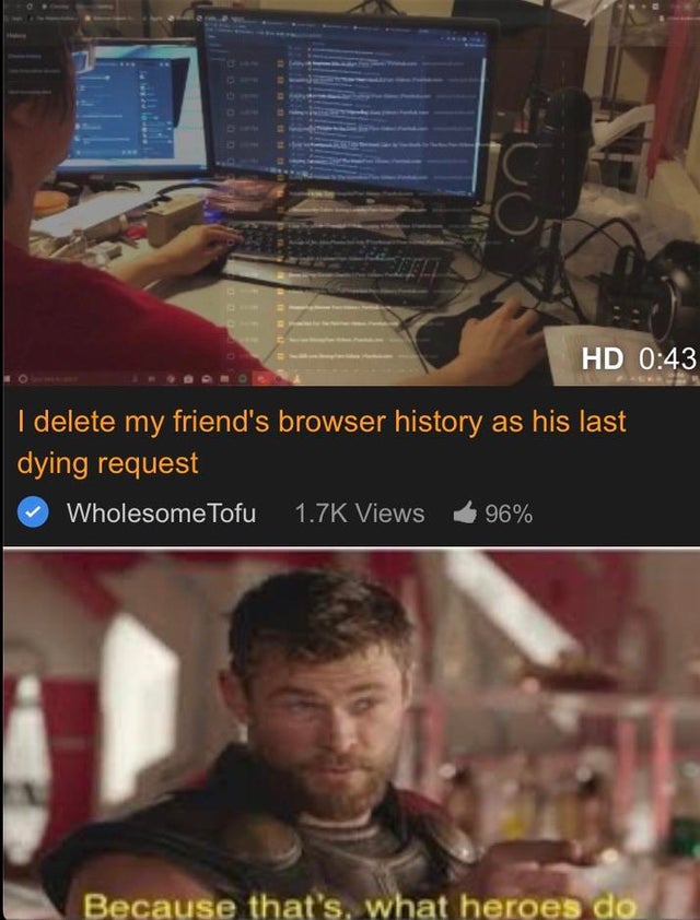 because that's what heroes do memes - Hd I delete my friend's browser history as his last dying request Wholesome Tofu Views 96% Because that's what heroes do