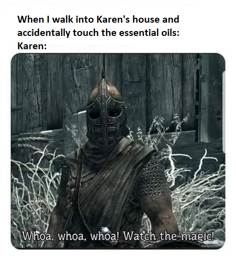 skyrim guard - When I walk into Karen's house and accidentally touch the essential oils Karen Whoa, whoa, whoa! Watch the magic!