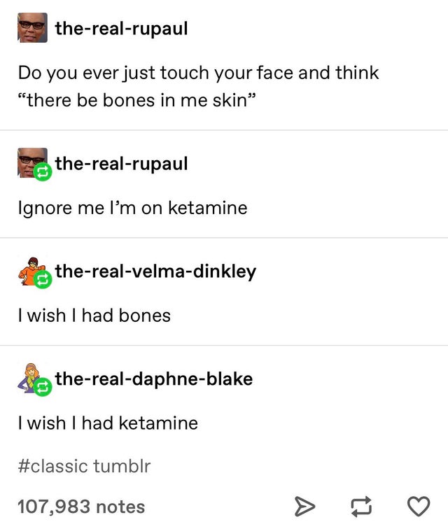 clean funny writing prompt posts - therealrupaul Do you ever just touch your face and think there be bones in me skin therealrupaul Ignore me I'm on ketamine therealvelmadinkley I wish I had bones Satherealdaphneblake I wish I had ketamine tumblr 107,983 
