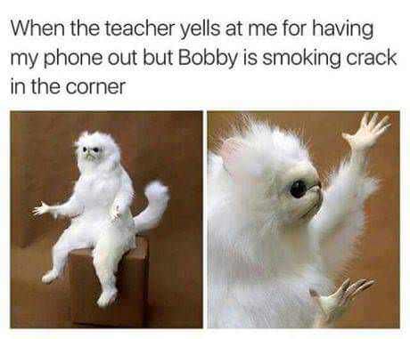 relationship memes - When the teacher yells at me for having my phone out but Bobby is smoking crack in the corner