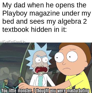 rick and morty memes - My dad when he opens the Playboy magazine under my bed and sees my algebra 2 textbook hidden in it watEmErediin You, little monster. I thought you were masturbating