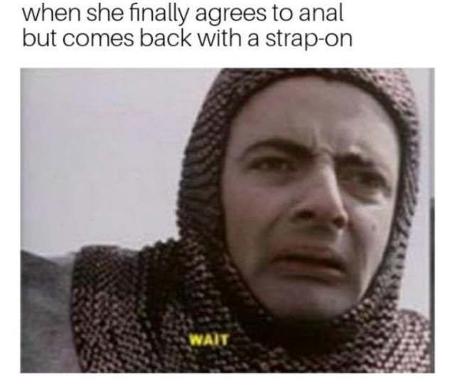 you beat the boss meme - when she finally agrees to anal but comes back with a strapon Wait