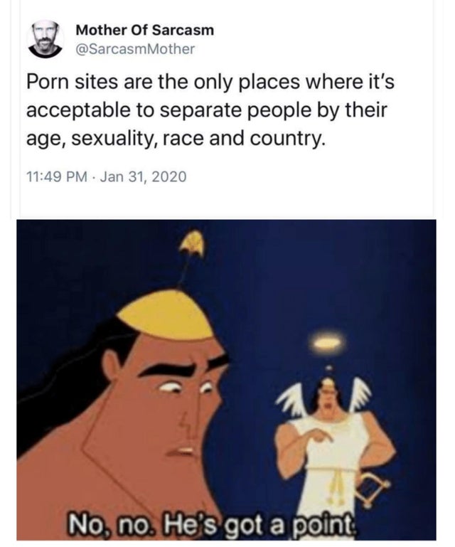 no no he's got a point meme - Mother Of Sarcasm Porn sites are the only places where it's acceptable to separate people by their age, sexuality, race and country. . No, no. He's got a point