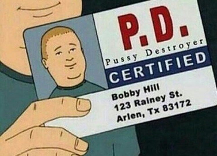 cartoon - P.D. Pussy Destroyer Certified Bobby Hiii 123 Rainey St. Arlen, Tx 83172