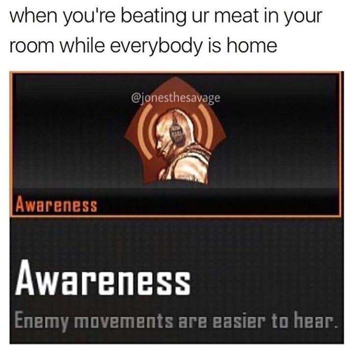 current objective survive meme - when you're beating ur meat in your room while everybody is home Awareness Awareness Enemy movements are easier to hear.