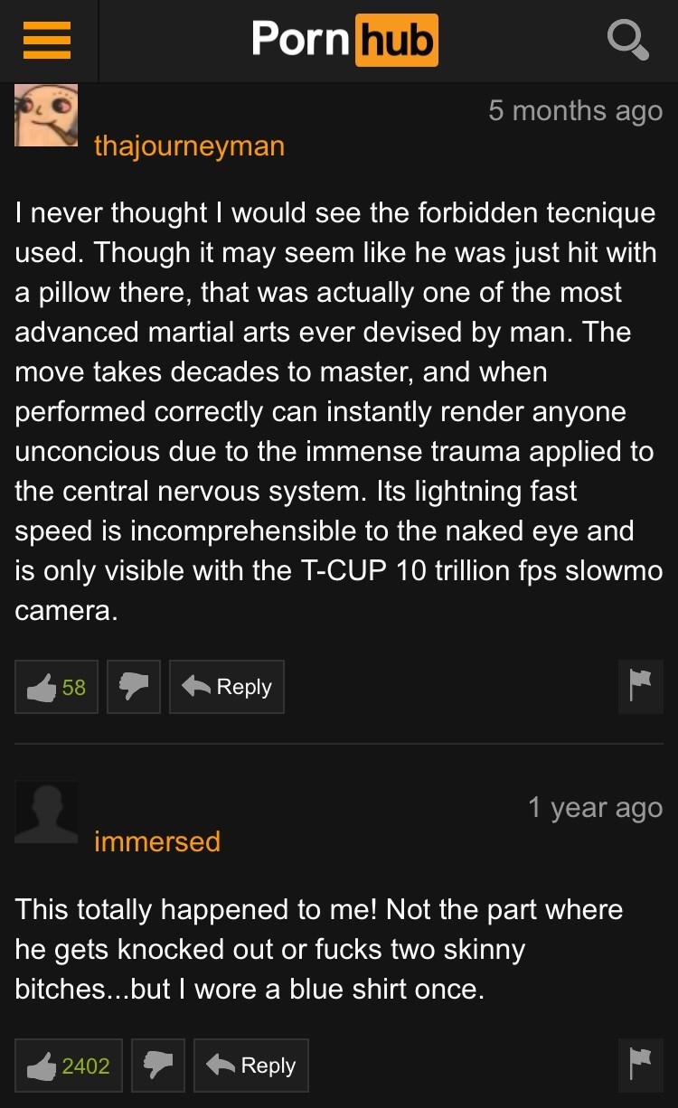 screenshot - Porn hub 5 months ago thajourneyman I never thought I would see the forbidden tecnique used. Though it may seem he was just hit with a pillow there, that was actually one of the most advanced martial arts ever devised by man. The move takes d
