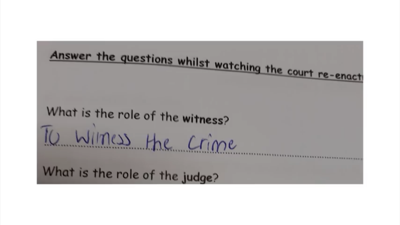 document - Answer the questions whilst watching the court reenact What is the role of the witness? To Wilnoss the crime What is the role of the judge?