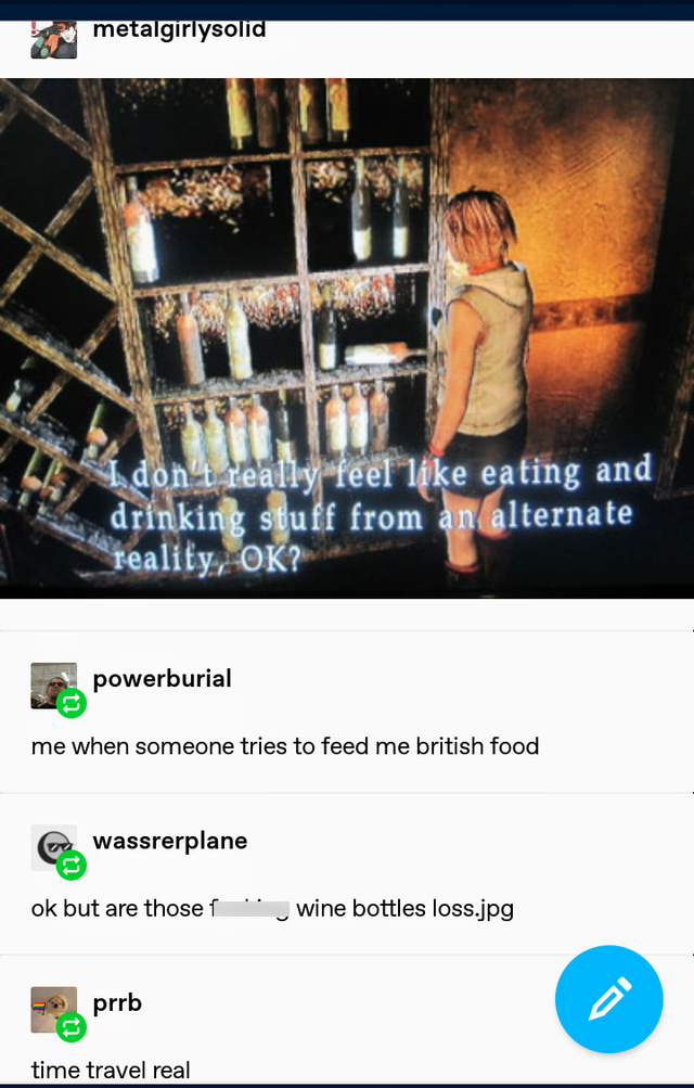 silent hill meme - metalgirlysolid I don 1. really feel eating and drinking stuff from an alternate reality, Ok? powerburial me when someone tries to feed me british food wassrerplane ok but are those wine bottles loss.jpg prrb time travel real