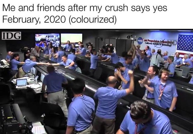 crowd - Me and friends after my crush says yes colourized Idg