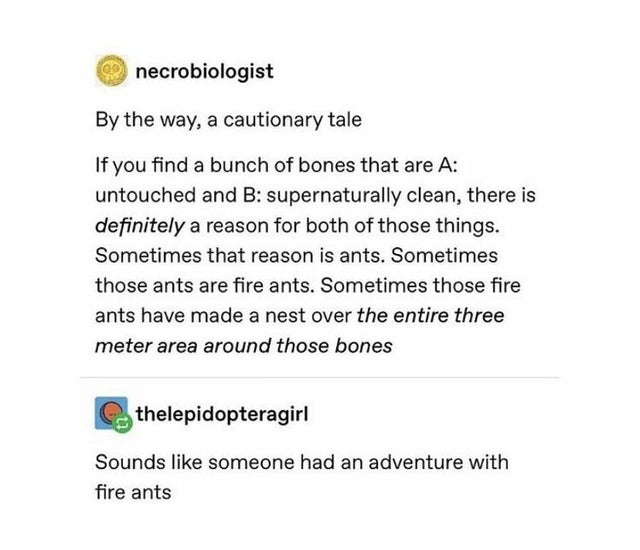 document - necrobiologist By the way, a cautionary tale If you find a bunch of bones that are A untouched and B supernaturally clean, there is definitely a reason for both of those things. Sometimes that reason is ants. Sometimes those ants are fire ants.
