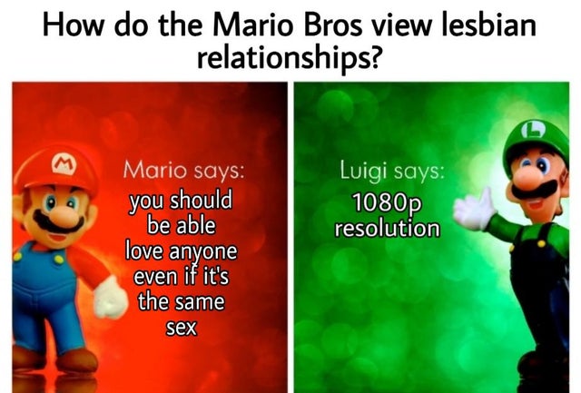 mario bros views memes - How do the Mario Bros view lesbian relationships? Luigi says 1080p resolution Mario says you should be able love anyone even if it's the same sex